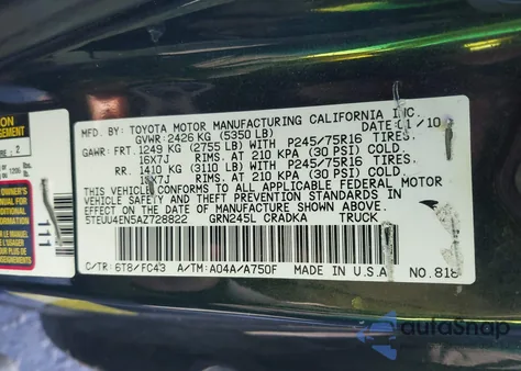 2010 Toyota Tacoma Base V6 из США, поврежденный, VIN 5TEUU4EN5AZ728822